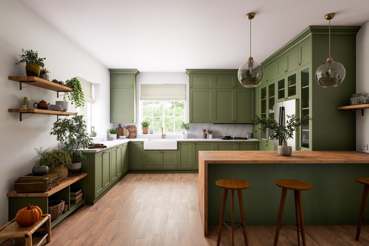 Modern green kitchen with natural elements, large space and stylish design