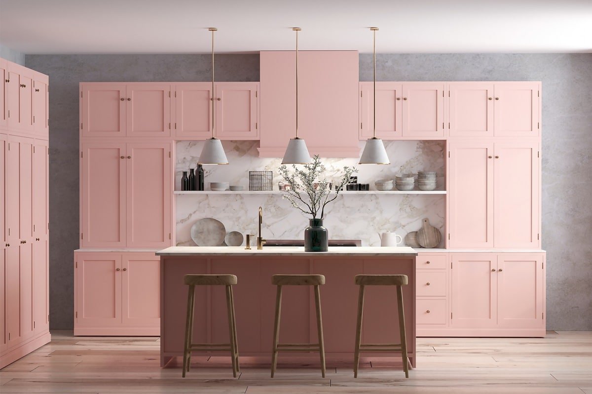 3d rendering of modern kitchen cabinet in pink color.